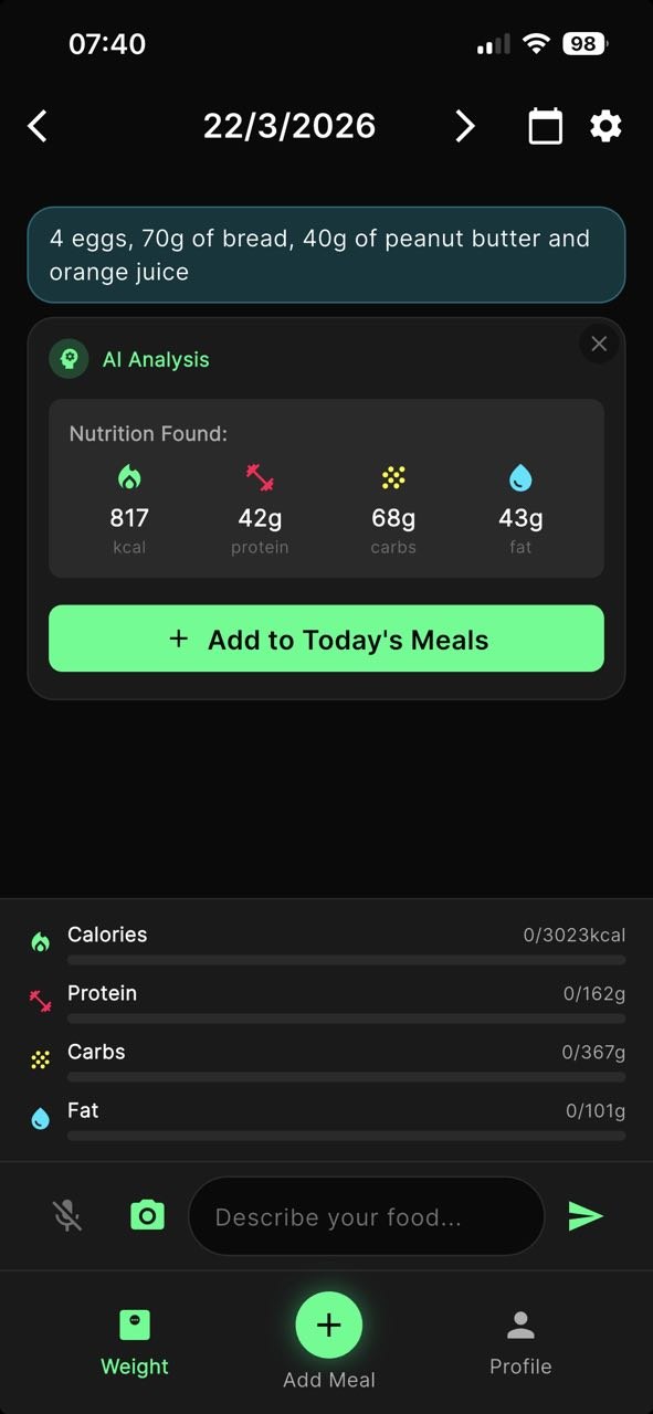 CalXd app screenshot showing meal analysis, nutrition breakdown, and daily tracking.
